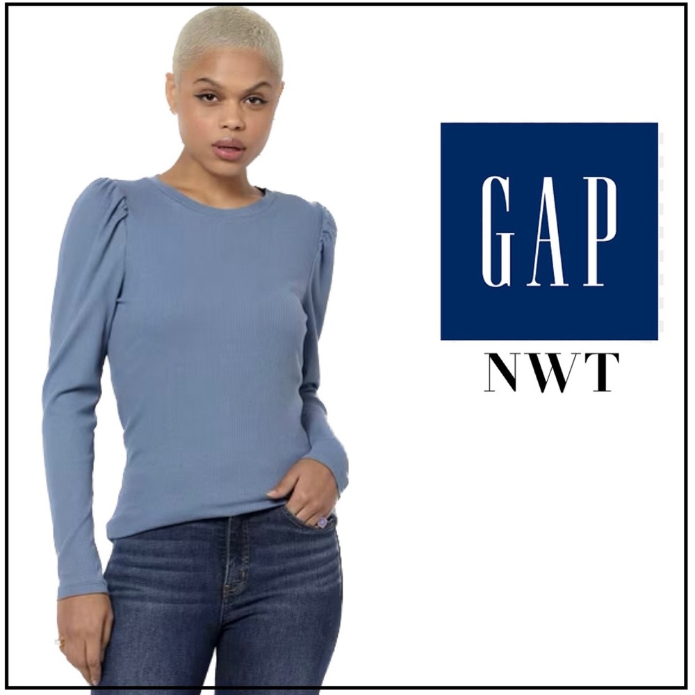 NWT Gap Puff Sleeve Ribbed Long Sleeve Keyhole Tee - Blue/M